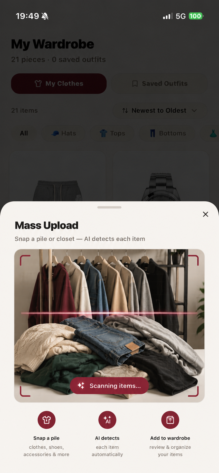 Vestis Mass Upload - Snap a pile and AI detects each item